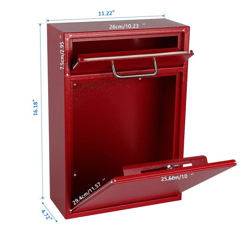 KYODOLED Steel Key Lock Mail Boxes Outdoor, Locking Wall Mount Mailbox, Security Key Drop Box, Collection Boxes for Home, Office or School,16.2H x 11.2L x 4.6W Inches, Red X Large - Image 2